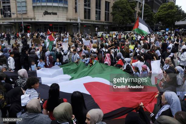 Young Pro-Palestinian protestors carry a banners and Palestinian flag as hundreds of students gather in front of Sydney's Town Hall after leaving...