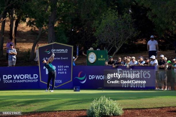 Matt Wallace of England plays his tee shot on the 18th hole on his way to shooting his record ninth birdie in a row for a round of 12-under par 60...