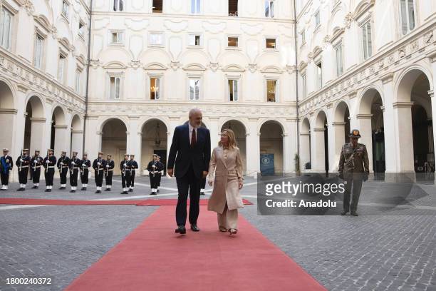 Italian Prime Minister Giorgia Meloni welcomes the Albanian Prime Minister Edi Rama at the Chigi Palace in Rome, Italy on November 6, 2023.