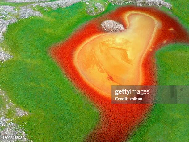 aerial photography of green meadows and red lakes - laguna colorada stock pictures, royalty-free photos & images