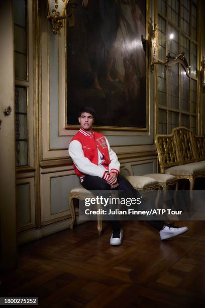 Carlos Alcaraz of Spain poses for a portrait at the Musei Reali-Palazzo Reale di Torino prior to the Nitto ATP Finals at the Pala Alpitour on...