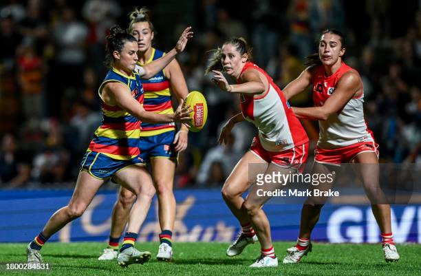 Eloise Jones of the Crows kicks a goal during the AFLW First Semi Final match between Adelaide Crows and Sydney Swans at Norwood Oval, on November 18...