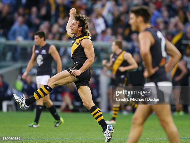 Ivan Maric of the Tigers celebrates a goal during the First Elimination Final AFL match between the Richmond Tigers and the Carlton Blues at...