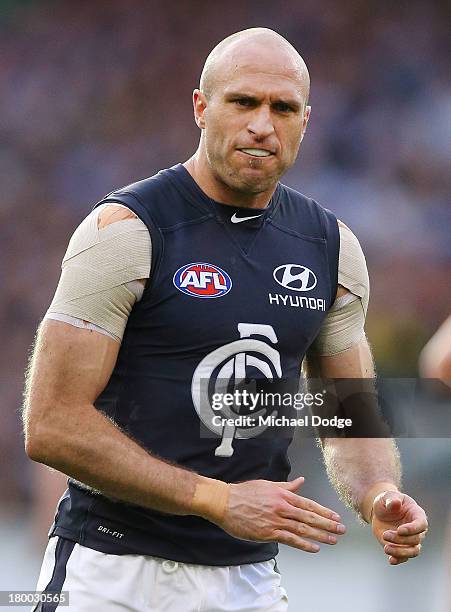 Chris Judd of the Blues celebrates a goal during the First Elimination Final AFL match between the Richmond Tigers and the Carlton Blues at Melbourne...