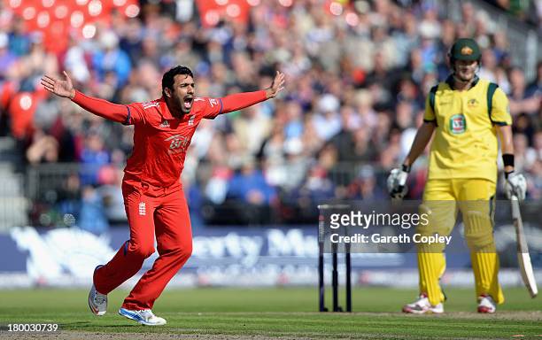 Ravi Bopara of England successfully appeals for the wicket of Shane Watson of Australia during the 2nd NatWest Series ODI between England and...