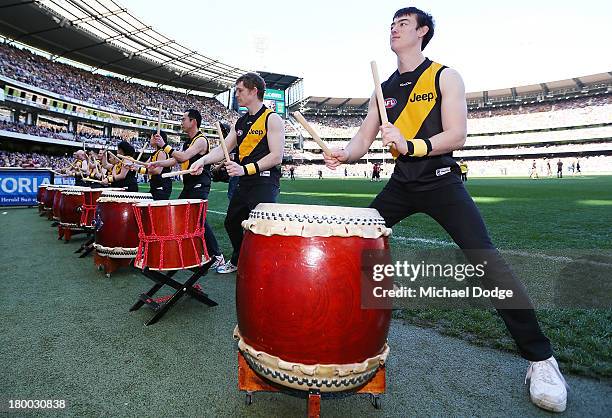 Tigers drummers perform before the First Elimination Final AFL match between the Richmond Tigers and the Carlton Blues at Melbourne Cricket Ground on...