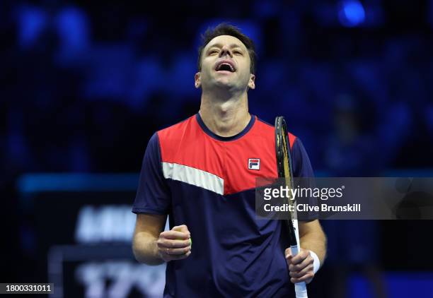 Horacio Zeballos of Argentina celebrates match point in the Men's Double's Semi Final match on day seven of the Nitto ATP Finals at Pala Alpitour on...