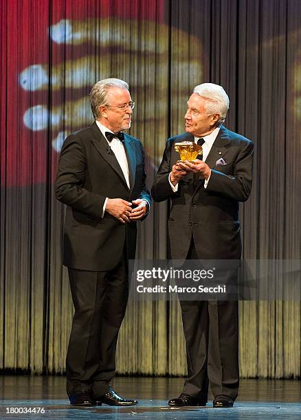 Writer Alberto Arbasino receives the prize Premio Fondazione Il Campiello by Roberto Zuccato, President of Fondazione Il Campiello e di Confindustria...