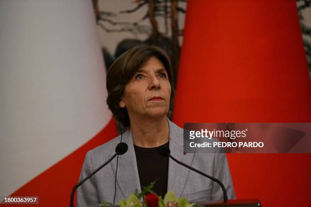 French Foreign Minister Catherine Colonna attends a joint press conference with China's Foreign Minister Wang Yi at the Diaoyutai State Guest House...