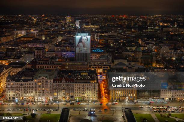 View of the city looking south with the Jerusalem Avenue in the foreground as seen from the viewing terrace of the Palace of Culture and Sciences in...