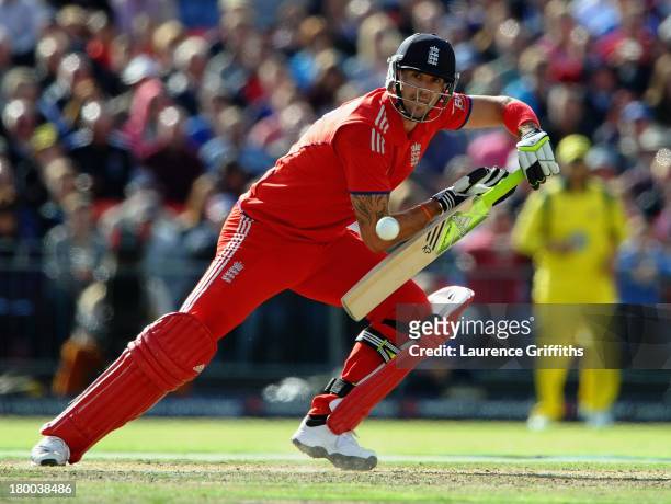 Kevin Pietersen of England hits out to the boundary during the 2nd Natwest One Day International between England and Australia at Old Trafford on...