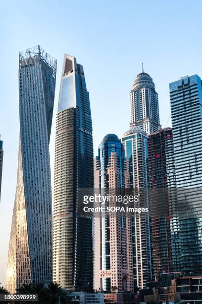 View of luxury lifestyle skyscraper apartment complex at Dubai Marina.