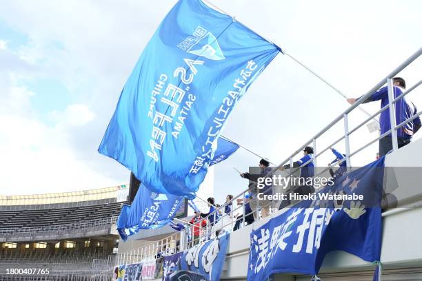 Fans of Chifure AS Elfen Saitama cheer prior to the WE League match between Mitsubishi Heavy Industries Urawa Red Diamonds Ladies and Chifure AS...