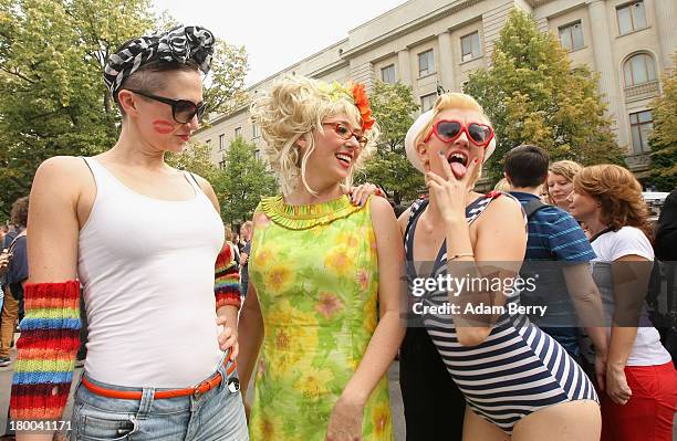 Participants demonstrate in front of the Russian Embassy during the 'To Russia With Love' Global Kiss-In on September 8, 2013 in Berlin, Germany. The...