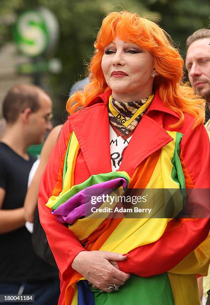 Singer Romy Haag attends the 'To Russia With Love' Global Kiss-In in front of the Russian Embassy on September 8, 2013 in Berlin, Germany. The event...