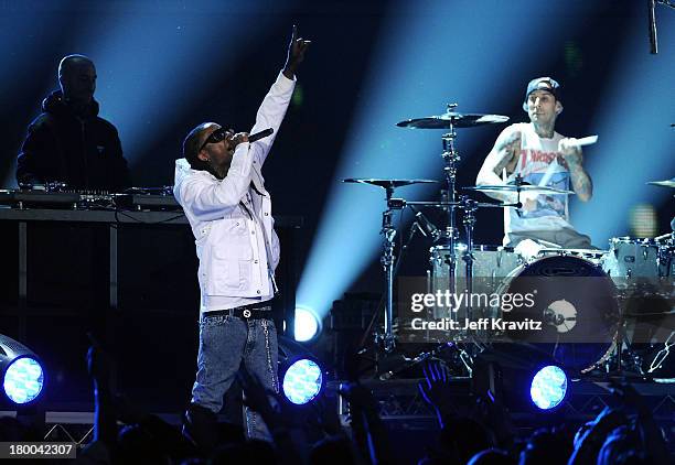 Rapper Lil' Wayne and drummer Travis Barker performs onstage during the 52nd Annual GRAMMY Awards held at Staples Center on January 31, 2010 in Los...