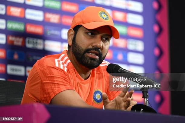 Rohit Sharma of India speaks during a press conference prior to the ICC Men's Cricket World Cup India 2023 at Narendra Modi Stadium on November 18,...