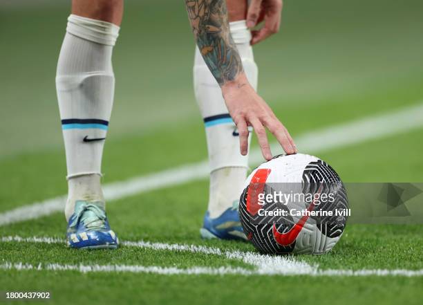 Detailed view as Kieran Trippier of England places the ball on the corner during the UEFA EURO 2024 European qualifier match between England and...