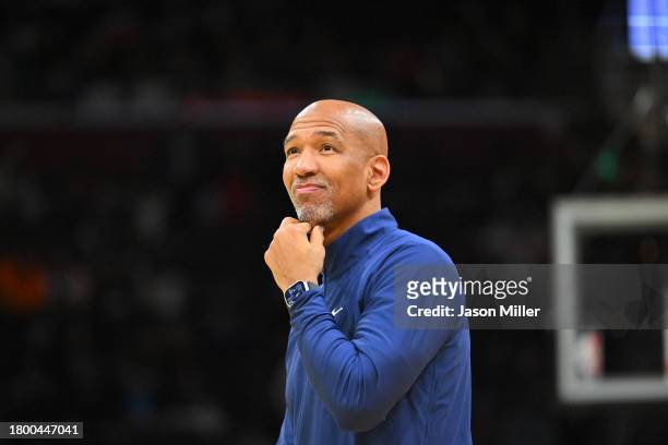 Head coach Monty Williams of the Detroit Pistons reacts during the fourth quarter of an NBA In-Season Tournament game against the Cleveland Cavaliers...