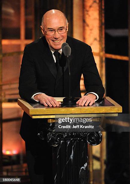 Inductee David Geffen speaks onstage at the 25th Annual Rock and Roll Hall of Fame Induction Ceremony at the Waldorf=Astoria on March 15, 2010 in New...