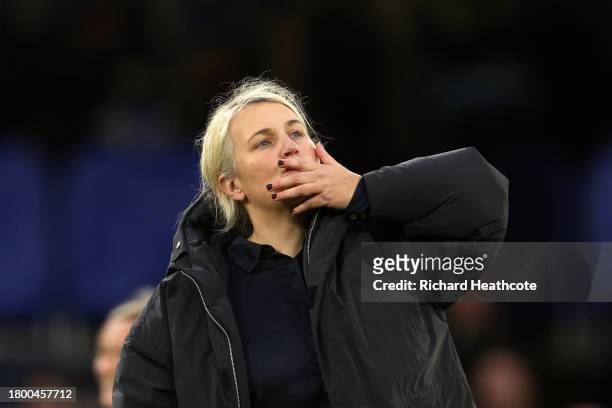 Emma Hayes, Manager of Chelsea, acknowledges the fans following the team's victory during the Barclays Women's Super League match between Chelsea FC...