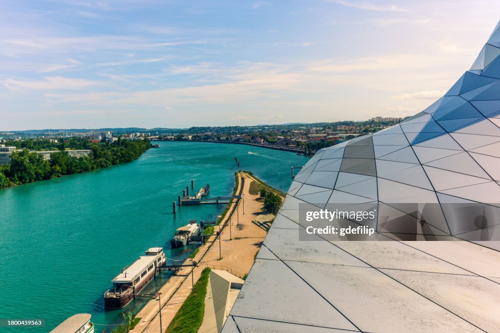 View of the confluence of the Saone and Rhone rivers in Lyon in France during a summer day