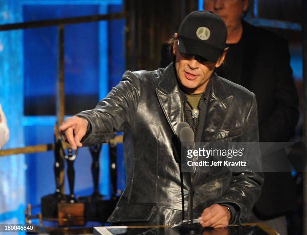 Inductee Scott Asheton of Iggy and the Stooges speaks onstage at the 25th Annual Rock and Roll Hall of Fame Induction Ceremony at the Waldorf=Astoria...