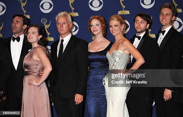 Actors Jon Hamm, Elisabeth Moss,John Slattery, Christina Hendricks ,January Jones, Vincent Kartheise and Aaron Staton pose in the press room at the...