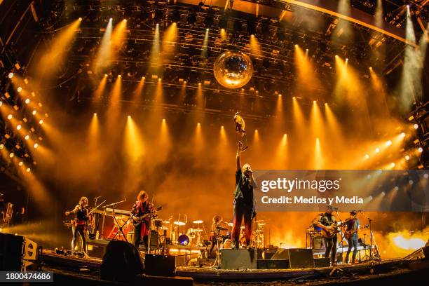 Sarah Neufeld, Win Butler, Régine Chassagne, Richard Reed Parry, Matt Bauder and Dan Boeckner of Arcade Fire band perform during the first day of...