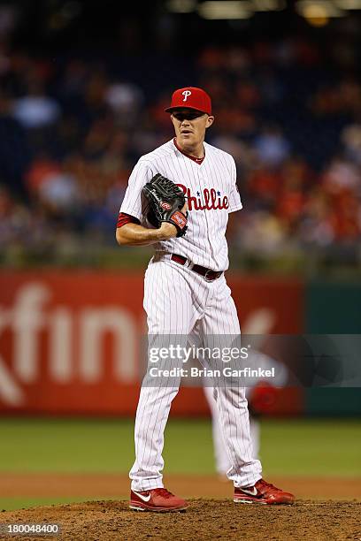 Jacob Diekman of the Philadelphia Phillies prepares to throw a pitch during the game against the Washington Nationals at Citizens Bank Park on July...