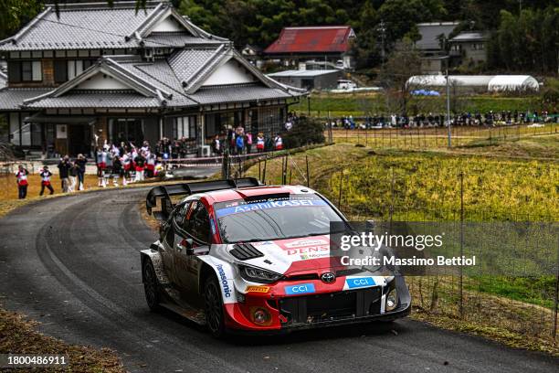 Sebastien Ogier of France and Vincent Landais of France compete with their Toyota Gazoo Racing WRT Toyota GR Yaris Rally1 Hybrid during Day three of...