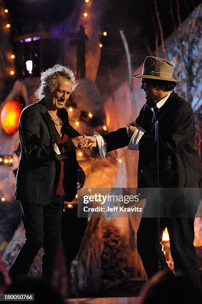 Musician Keith Richards and actor Johnny Depp onstage during Spike TV's Scream 2009 held at the Greek Theatre on October 17, 2009 in Los Angeles,...