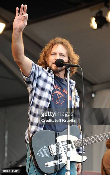 Eddie Vedder of Pearl Jam performs during the 41st Annual New Orleans Jazz & Heritage Festival Presented by Shell at the Fair Grounds Race Course on...