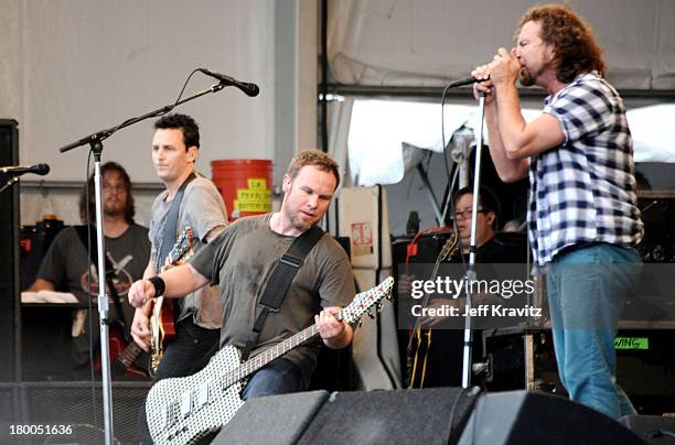 Mike McCready, Jeff Ament and Eddie Vedder of Pearl Jam performs during the 41st Annual New Orleans Jazz & Heritage Festival Presented by Shell at...