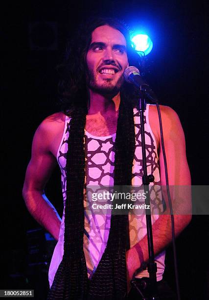 Comedian Russell Brand of Infant Sorrow and Friends performs onstage during Get Him To The Greek at The Roxy Theatre on May 24, 2010 in West...