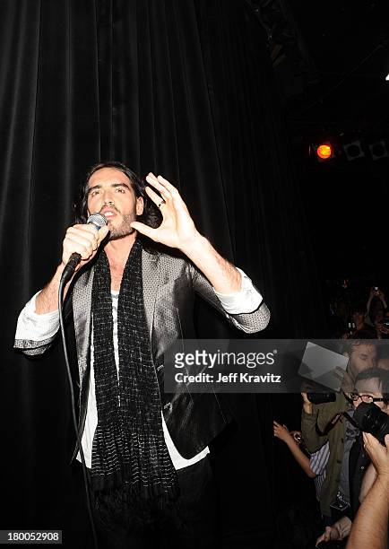 Comedian Russell Brand of Infant Sorrow and Friends performs onstage during Get Him To The Greek at The Roxy Theatre on May 24, 2010 in West...