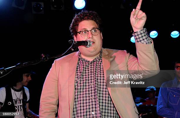 Actor Jonah Hill speaks onstage during Get Him To The Greek performed by Infant Sorrow and Friends at The Roxy Theatre on May 24, 2010 in West...