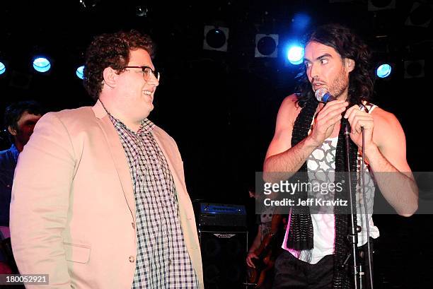 Actor Jonah Hill and comedian Russell Brand of Infant Sorrow and Friends speak onstage during Get Him To The Greek at The Roxy Theatre on May 24,...