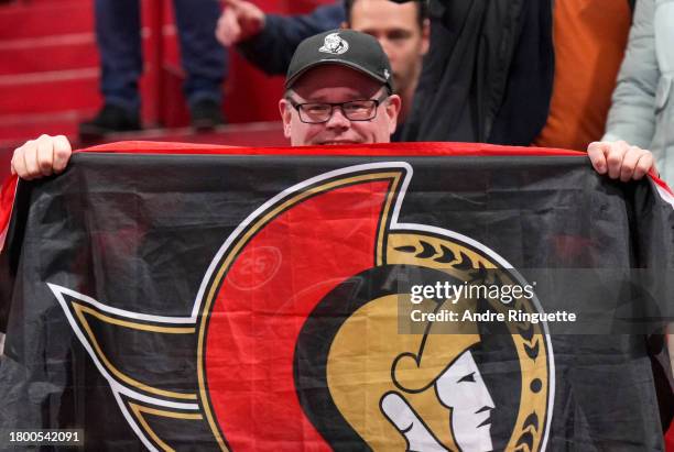 An Ottawa Senators fan show their support before the 2023 NHL Global Series in Sweden between the Minnesota Wild and the Ottawa Senators at Avicii...