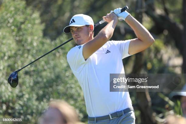 Ludvig Aberg of Sweden hits a tee shot on the second hole during the third round of The RSM Classic on the Seaside Course at Sea Island Resort on...