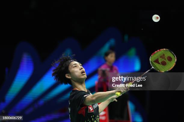 Kodai Naraoka of Japan competes in the Men's Singles Quarterfinals match against Prannoy H. S. Of India during day four of the China Badminton...