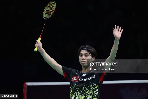 Kodai Naraoka of Japan competes in the Men's Singles Quarterfinals match against Prannoy H. S. Of India during day four of the China Badminton...