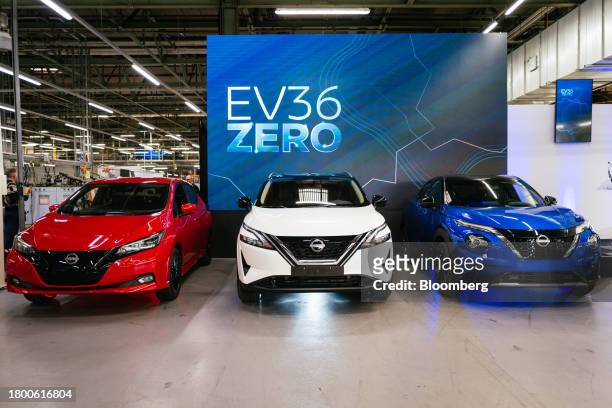 New models of the Nissan Leaf, left, Nissan Qashqai, centre, and Nissan Juke on display at the Nissan Motor Co. Factory in Sunderland, UK, on Friday,...
