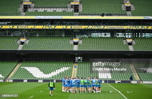 Dublin , Ireland - 24 November 2023; Leinster players huddle during a Leinster Rugby captain's run at the Aviva Stadium in Dublin.
