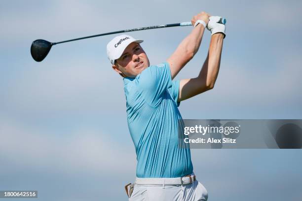 Ben Griffin of the United States hits a tee shot on the eighth hole during the third round of The RSM Classic on the Seaside Course at Sea Island...