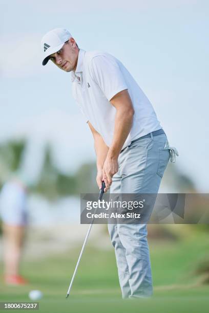 Ludvig Aberg of Sweden putts on the seventh green during the third round of The RSM Classic on the Seaside Course at Sea Island Resort on November...