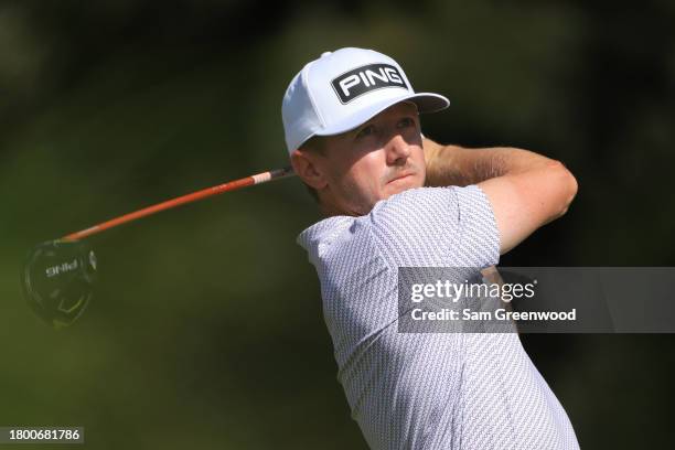 Mackenzie Hughes of Canada hits a tee shot on the ninth hole during the third round of The RSM Classic on the Seaside Course at Sea Island Resort on...