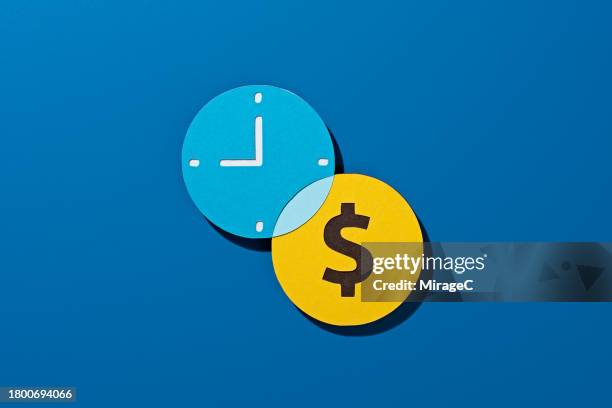 time is money concept of clock and dollar sign overlapping - side by side comparison stock pictures, royalty-free photos & images