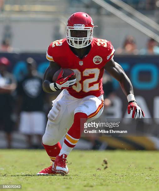 Cyrus Gray of the Kansas City Chiefs rushes during a game against the Jacksonville Jaguars at EverBank Field on September 8, 2013 in Jacksonville,...