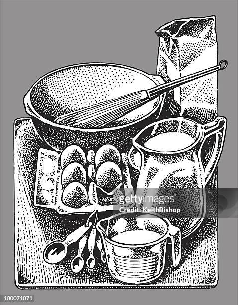 cooking kitchen utensils - still life - mixing bowl stock illustrations